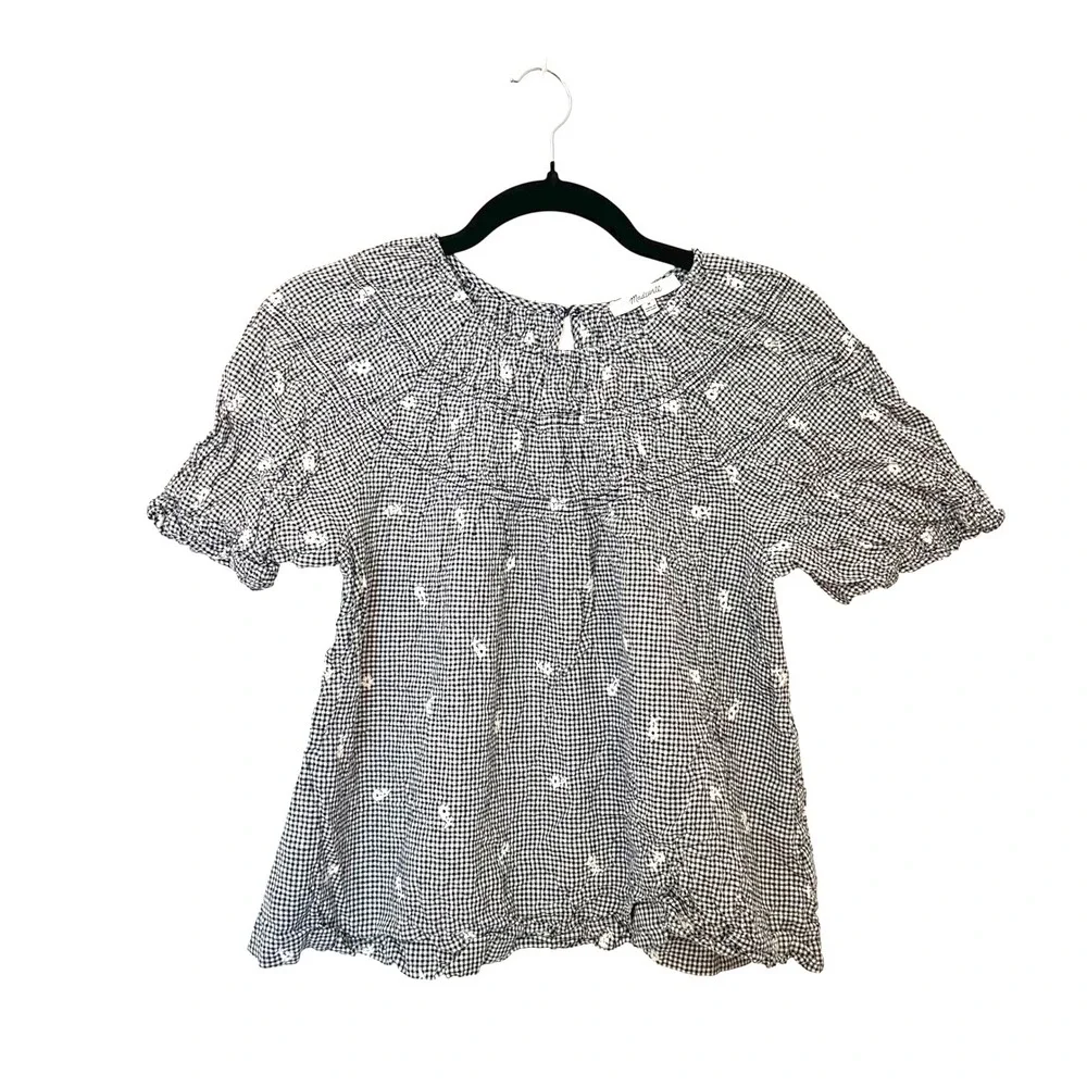 Madewell Medium black white floral gingham peasant shirred puff sleeve blouse